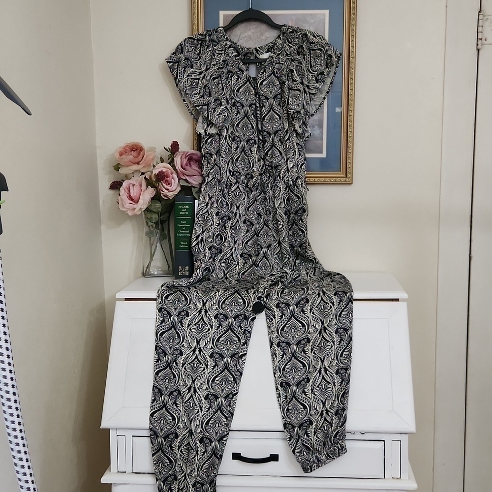 Anthropology Romper Size 4 Bohemian Lounge Paisley Fall Ruffle Sleeve - Picture 6 of 15